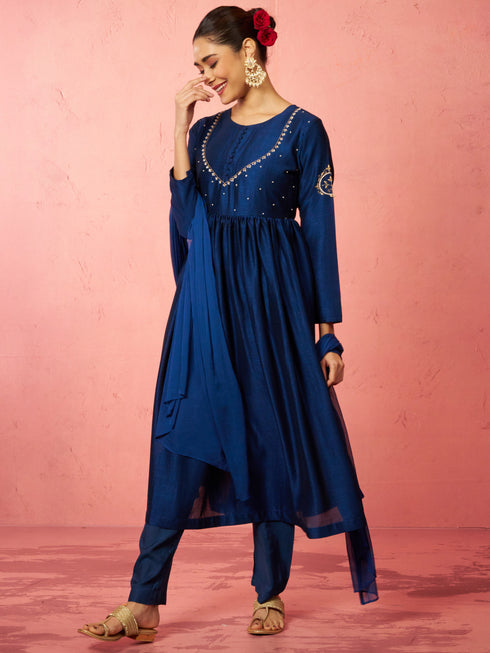 Women's Blue Silk Anarkali Kurta Set